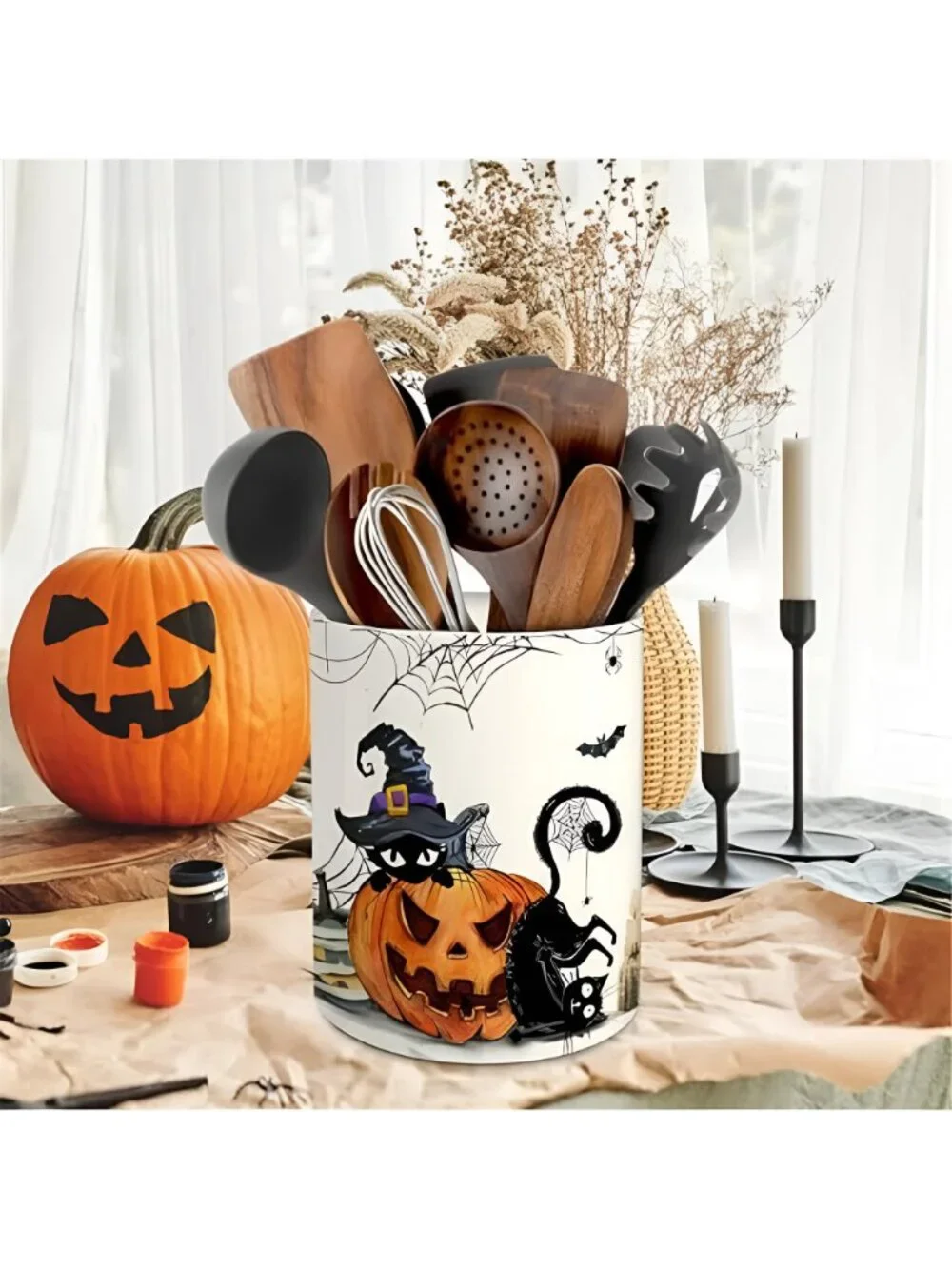 Halloween Kitchen Decor, Ceramic Halloween Cat Utensil Holder